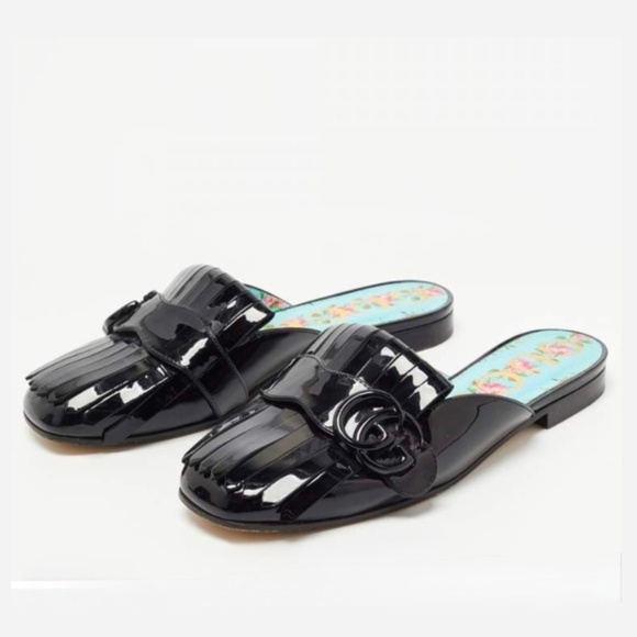 Gucci Marmont Black Patent Leather Fringe Mules | 38 - Picture 1 of 10